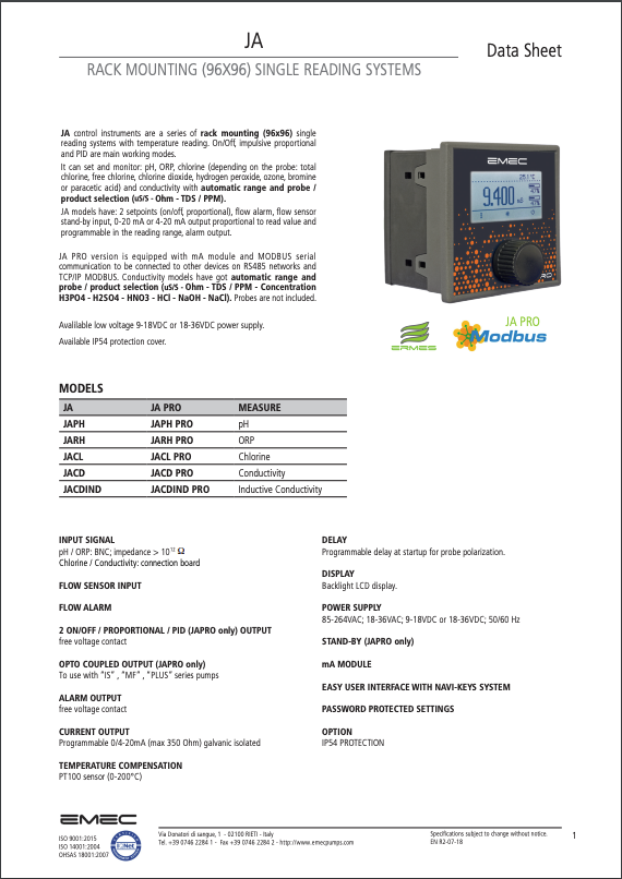 emec | JA RACK MOUNTING SINGLE READING SYSTEMS