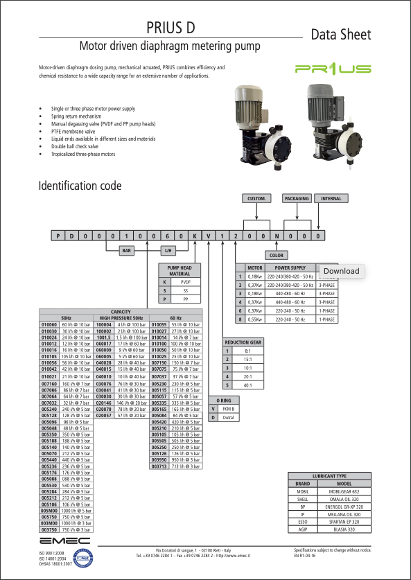 emec PRIUS D Motor Driven Diaphragm Metering Pump | Download